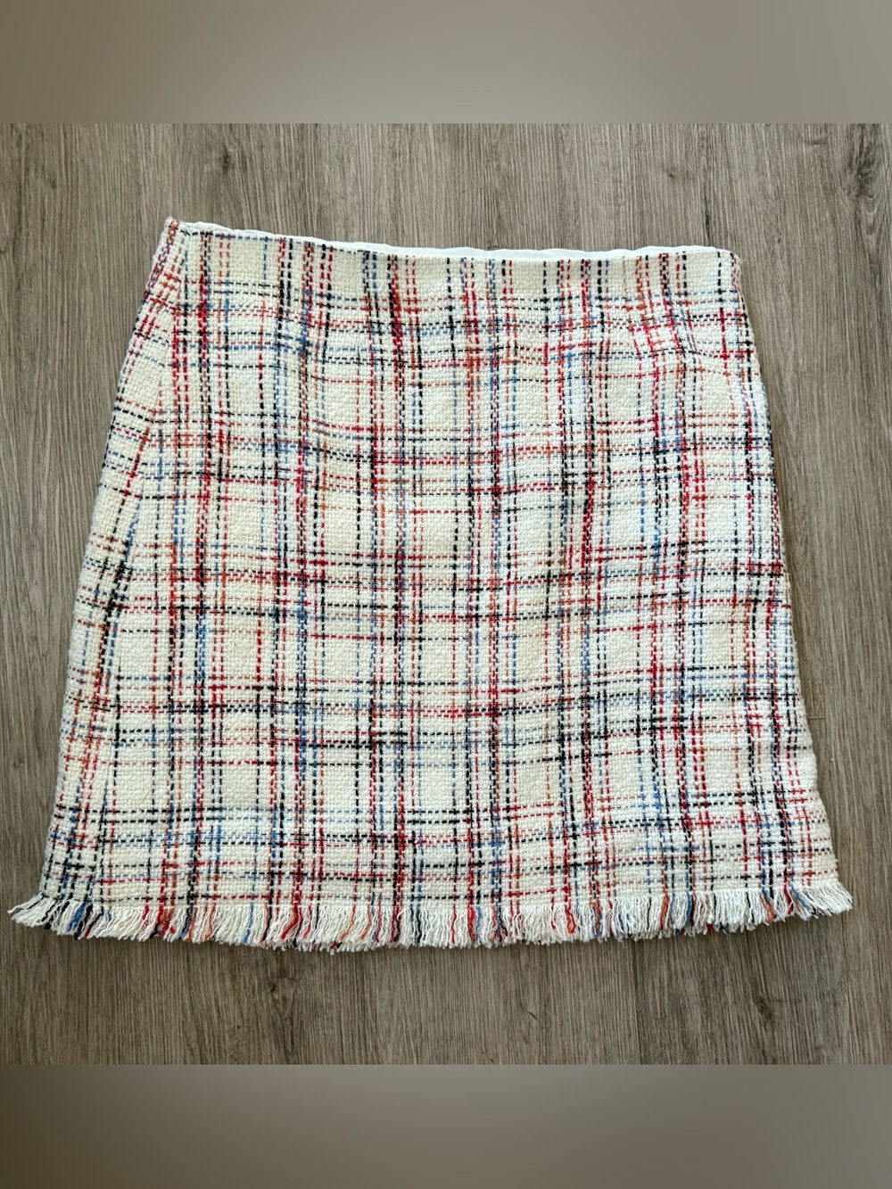 NWT Etcetera Plaid Tweed Fringe Mini Skirt Size 16